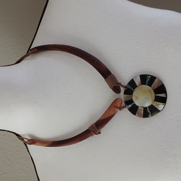 Unique Handmade Necklace of Abalone Shell & Teak Wood & Earrings Set - Picture 2 of 12